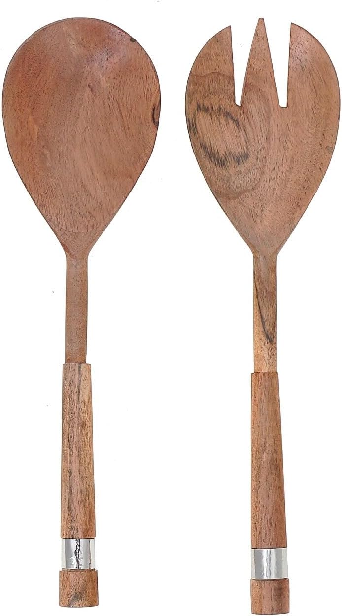 Natural Acacia Wood with Hammered Nickel 2 Pc Salad Server Set Brown Rectangle