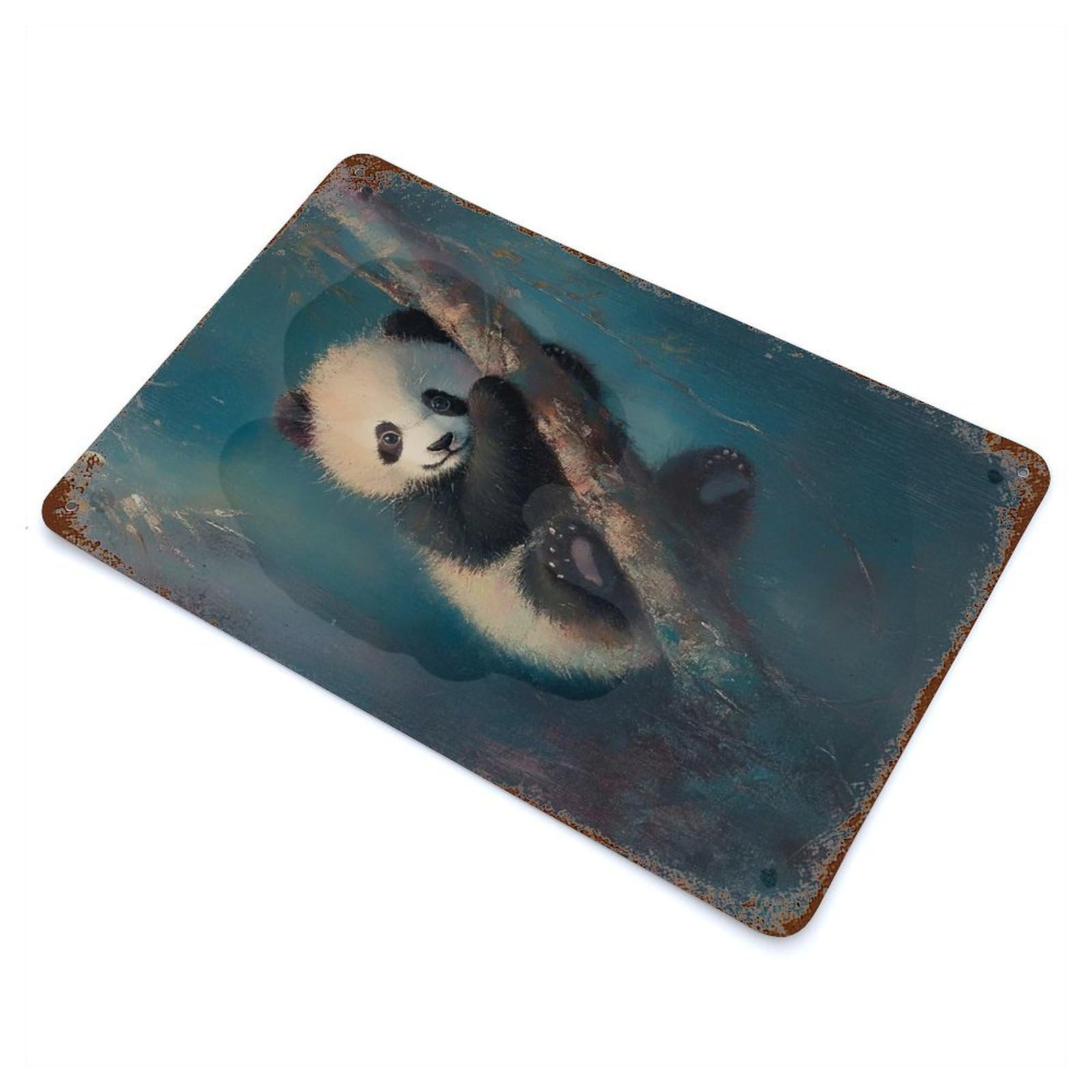 Cute Panda Cub 11.8"x7.9" Distressed Metal Wall Sign, Retro Wall Decor for Garage, Bar And Workshop Decor