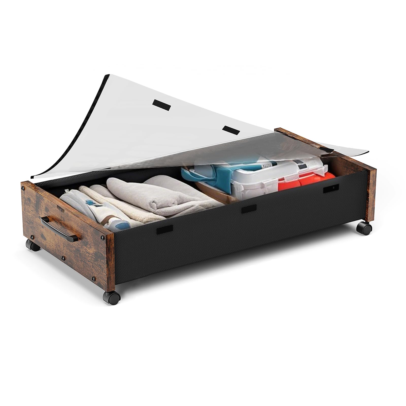 JSHNE Wooden UnderBed Storage with Wheels, 80L Extra-large Rolling Under the Bed Storage Bins 1 Pack with Removable Lid, Upgrade Metal Under Bed Drawers for Clothes Shoes (Vintage Brown-1pack)