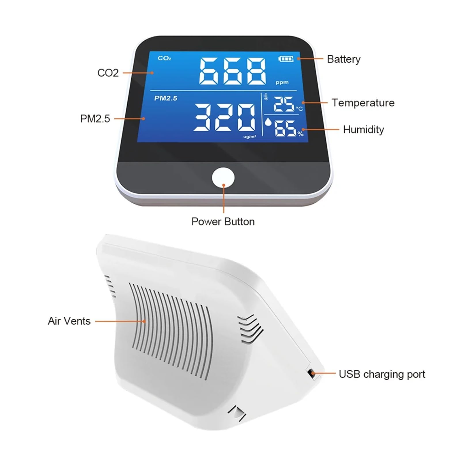 Przenośny monitor gazu CO2/PM.5 z wyświetlaczem LCD, wielogazowy tester temperatury i wilgotności do pracy domu Daty w czasie rzeczywistym