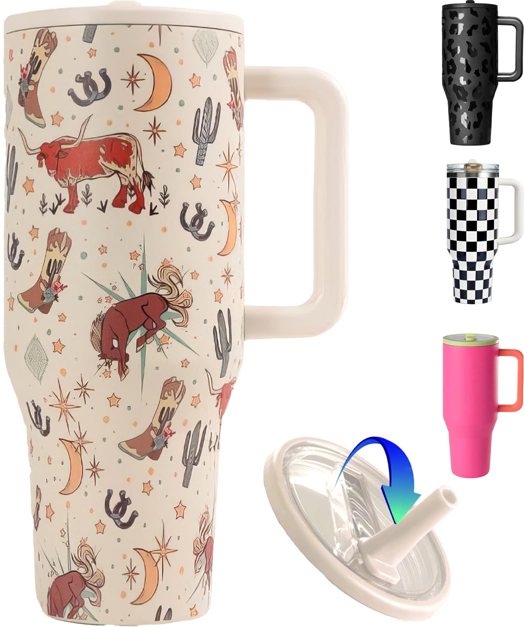 ZHUIYIWIN Tumbler with Folding Straw and Handle, 890 ml Water Bottle Coffee Cup Travel Mug for Cold or Hot Drinks, Double Wall Stainless Steel Vacuum Insulated Tumbler, Cowboy