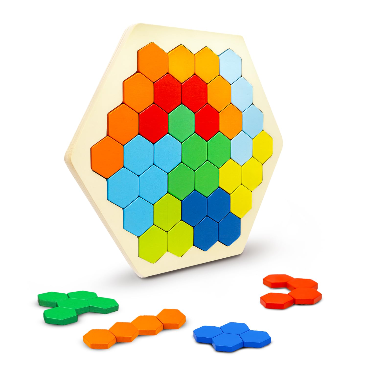 Wembley Wooden Toys Puzzle Game for Kids and Adult | Intelligence Brain Teaser | Colorful Tetris-Style Blocks on a Smooth Wooden Hexagon Board - Non Toxic