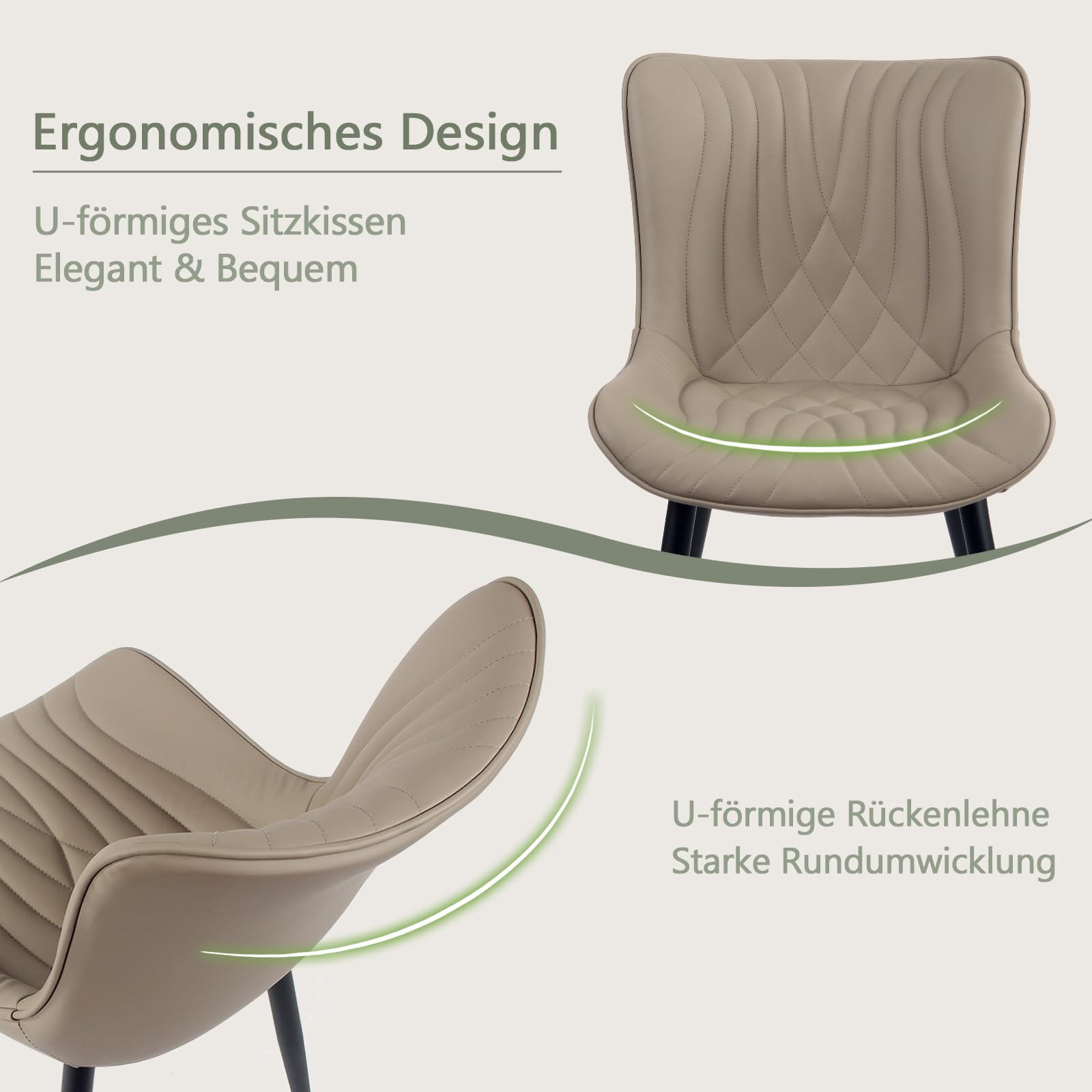 YOUTASTE Esszimmerstühle 2er Set, Kunstleder & Lehne, Küchenstühle Khaki | Bequemer Polsterstuhl mit Metallbeine, Fischschwanz-Design, Essstühle für Esszimmer, Küche, Wohnzimmer