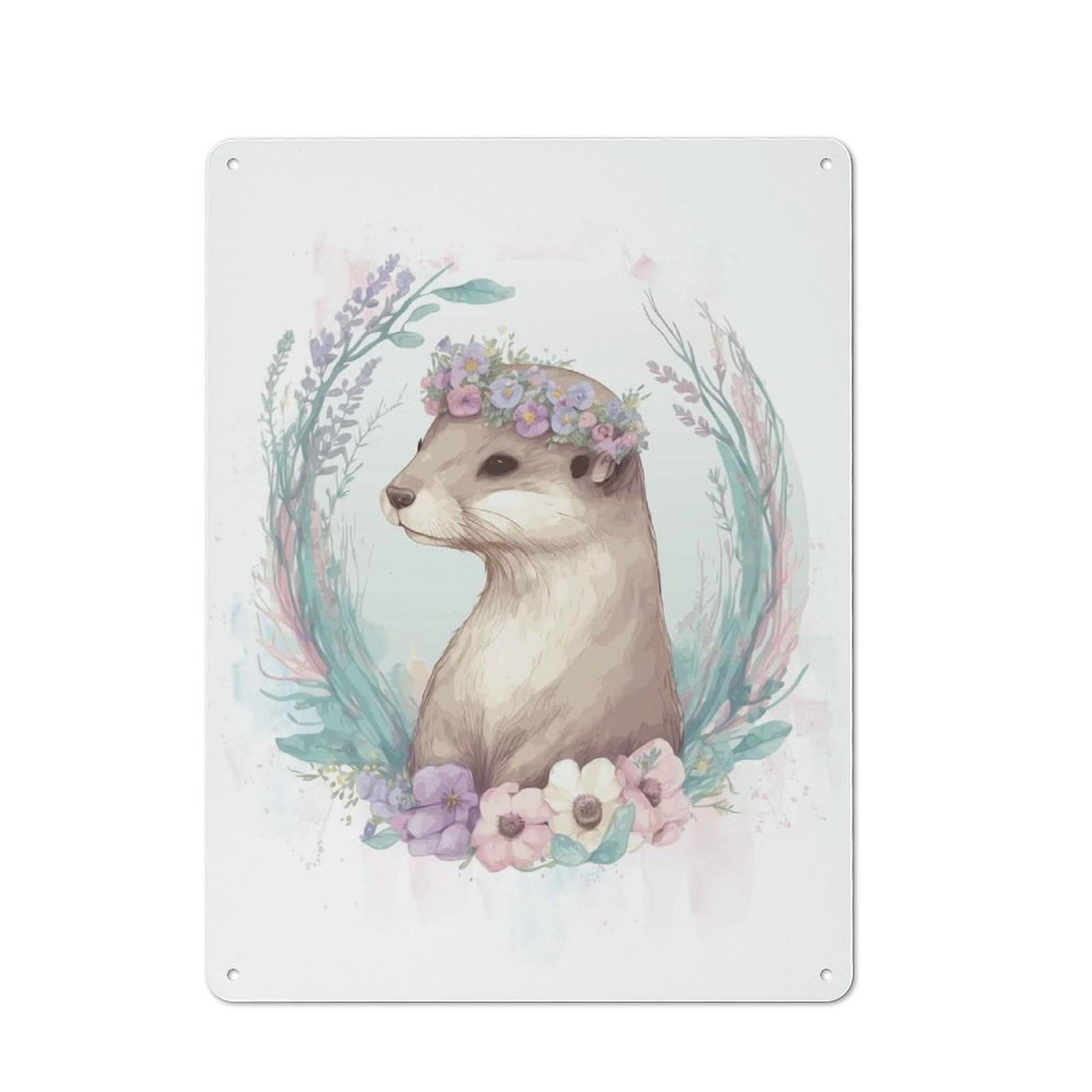 Junmoney Floral Watercolor Otter Metal Wall Art Sign With Design 40X30cm, Modern Retro Urban Room Decor For Workspace, Cafe, Hallway Or Garage