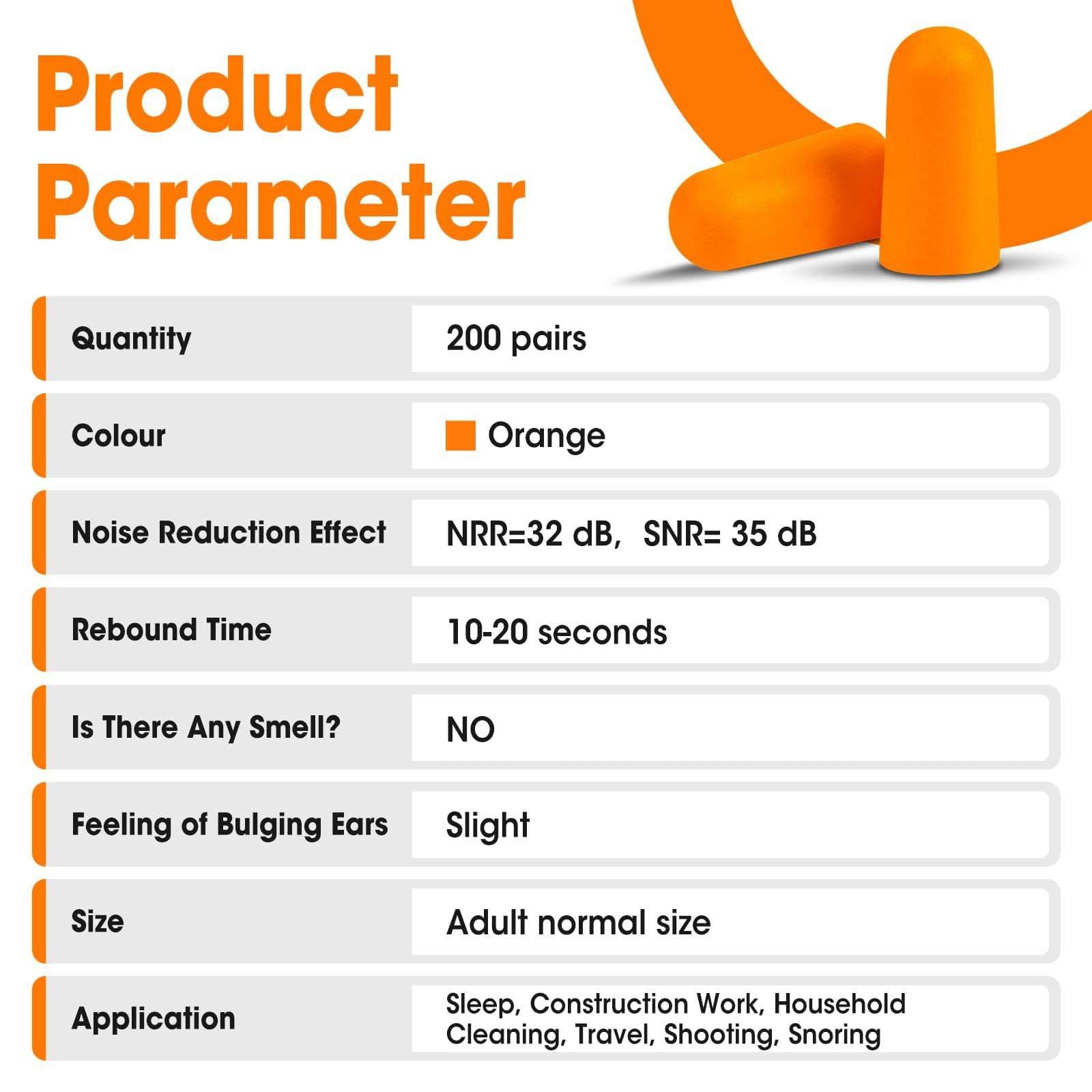 AZEN 200 pares de tapones para los oídos, tapones para los oídos de espuma suave NRR 32dB para dormir con cancelación de ruido, tapones para los oídos (naranja)