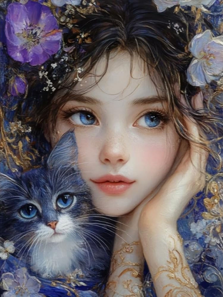 COKYIS Stamped Cross Stitch Kits 11CT Counted Printed Cross Stitch Kit Girl with Cat Preprinted Pattern Embroidery Starter Kit for Beginner and Adults 40x50cm