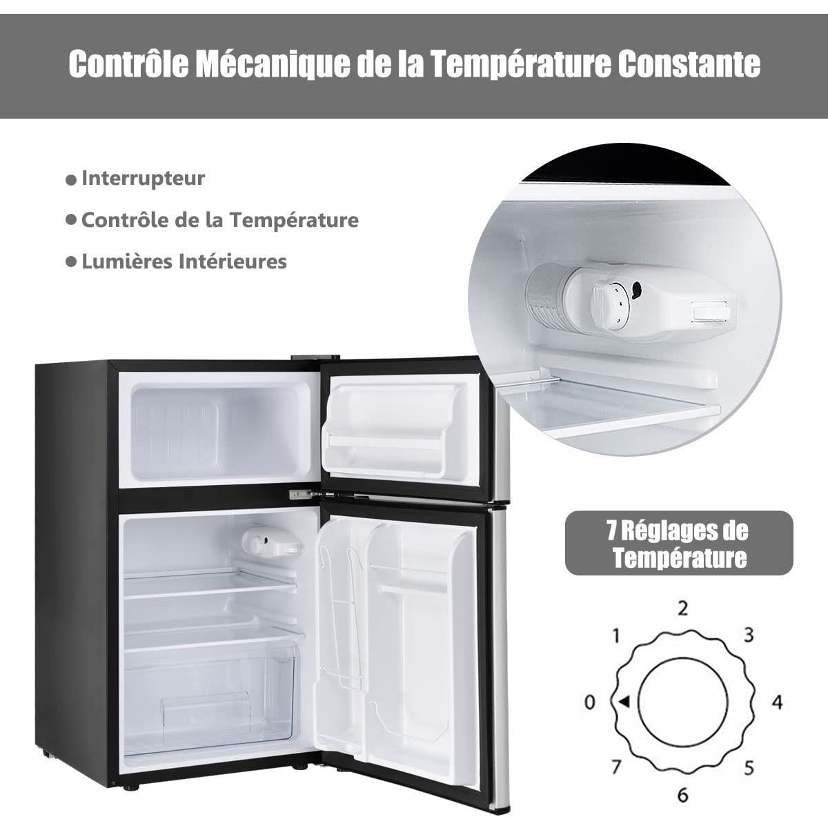 RLEAX4LIFE Frigo Réfrigérateur Rétro 90L Double Porte, Congélateur 27L, Refroidissement 0℃ à 10℃, Température de Congélateur -15℃, Bac Légumes, Compartiment Bouteilles (90L, Gris)
