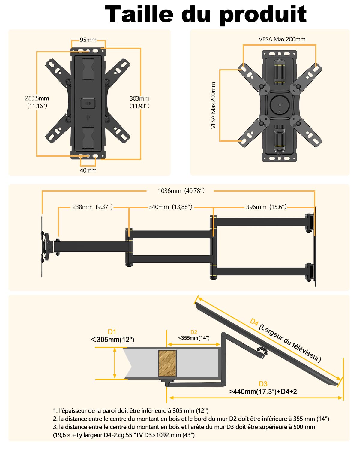Support Mural TV à Extra Longue Portée 1036mm, [180°Rotation] [180° Pivotant] Support TV Mural Orientable et Inclinable pour Écrans & Monitors 13-43 Pouces LED LCD, Max VESA 200x200mm