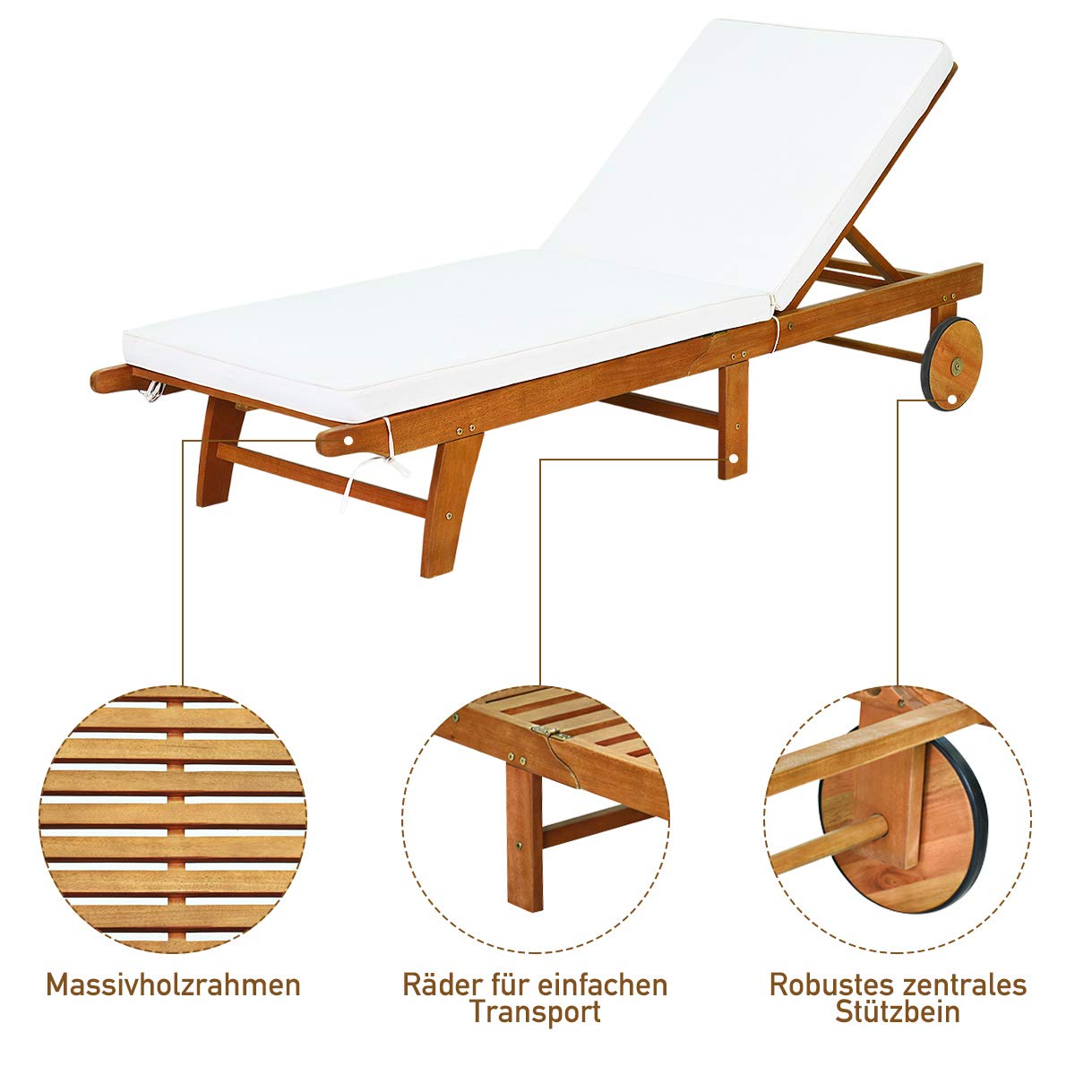 COSTWAY Sonnenliege mit Rollen und Auflage, klappbare Gartenliege mit Verstellbarer Rückenlehne, Liegestuhl aus Holz, Balkonliege, Strandliege für Garten, Balkon und Terrasse