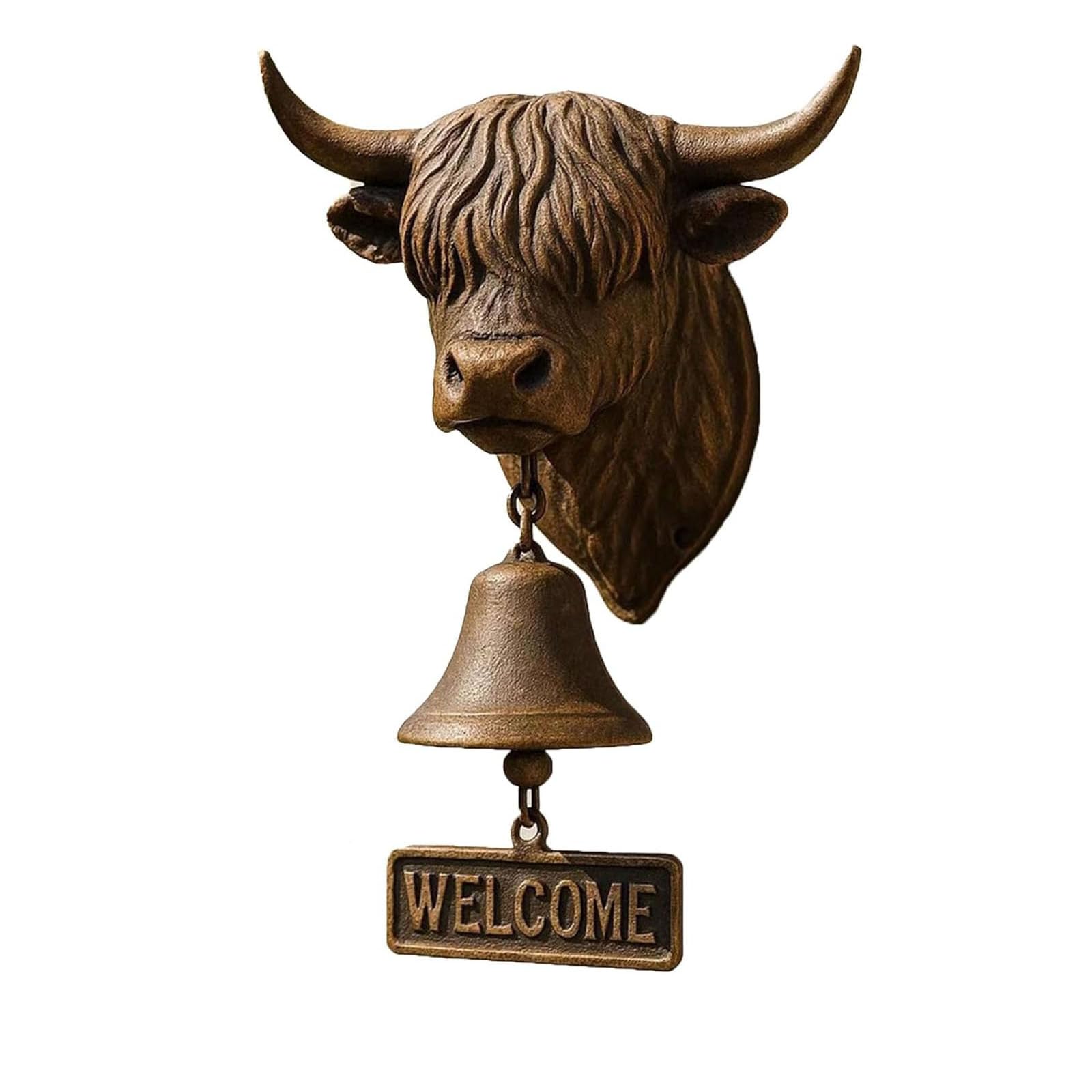 Houkunka 1Pc Handmade Highland Cow Welcome Bell - Vintage 3D Resin Wall Mounted Doorbell With Crisp Sound, Rustic Farmhouse Decor For Porch Garden Ranch, Gift For Cow Lovers (1Pc)