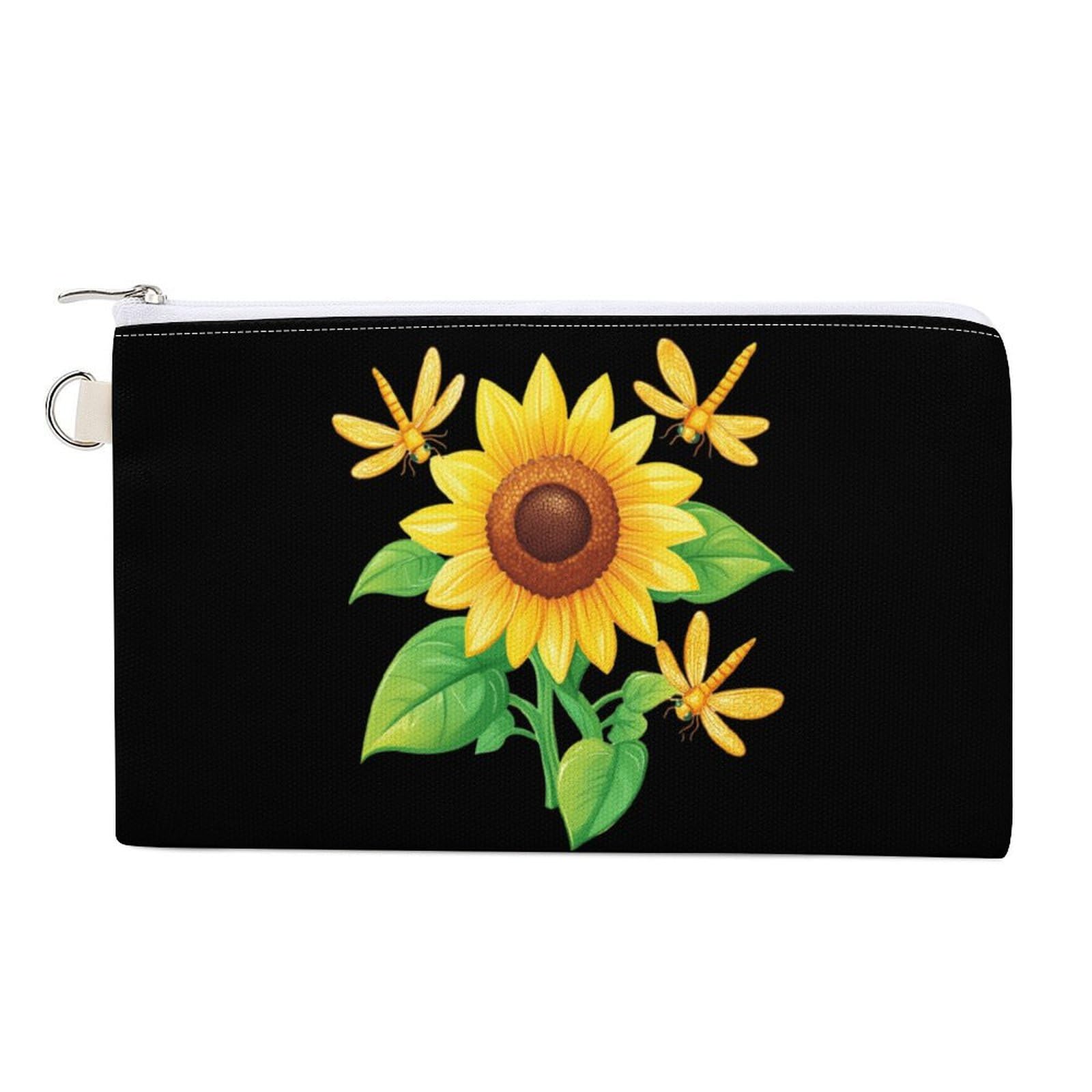 Dragonfly Sunflower Coin Purse Canvas Change Pouch Portable Pocket Wallet Mini Storage Bag with Zippered Keychain