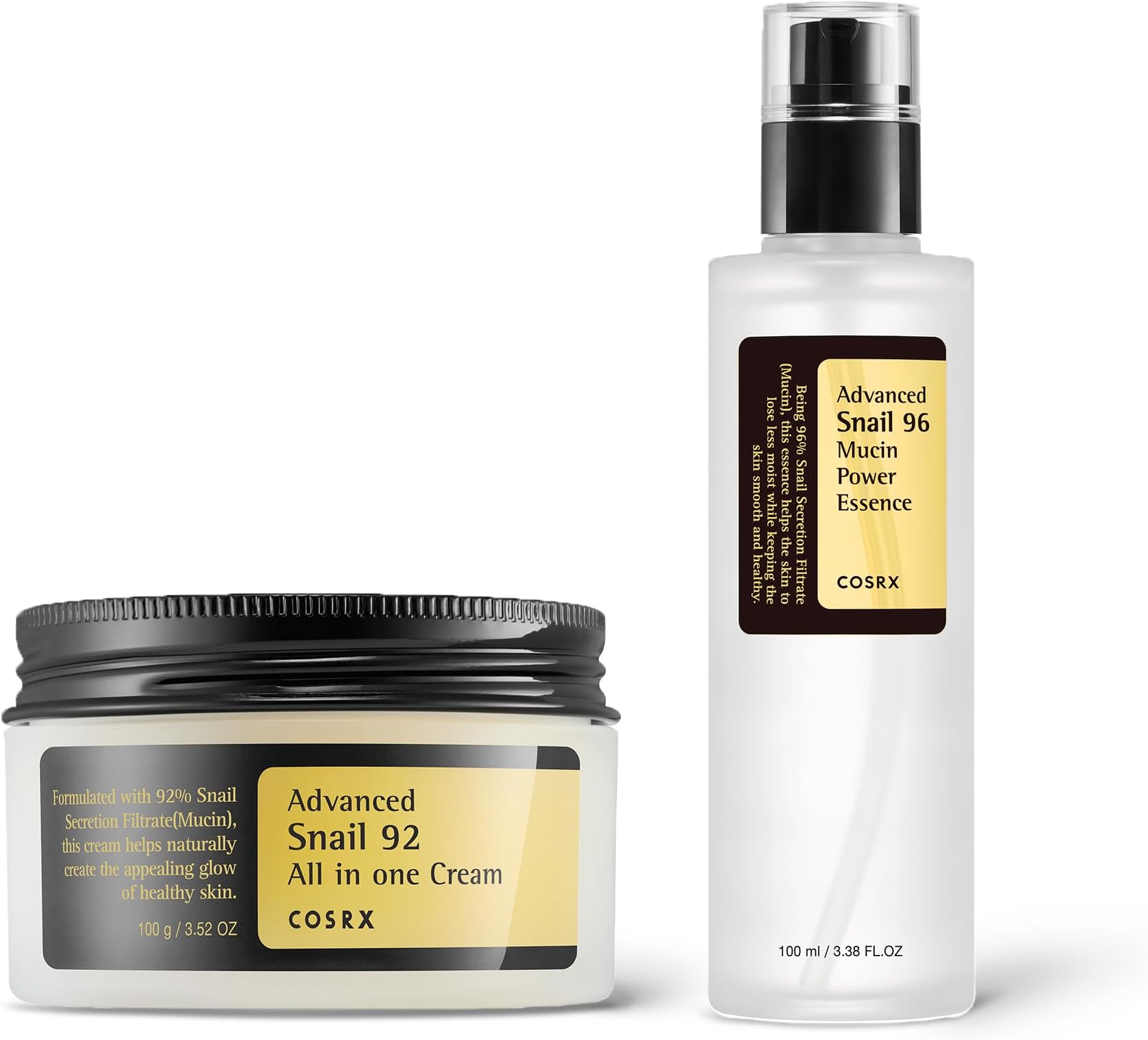 COSRX Snail Mucin Duo - Snail 92 Cream & Snail 96 Essence, Daily Face Gel Moisturizer and Hydrating Serum for Face with Snail Secretion Filtrate, Korean Skin Care