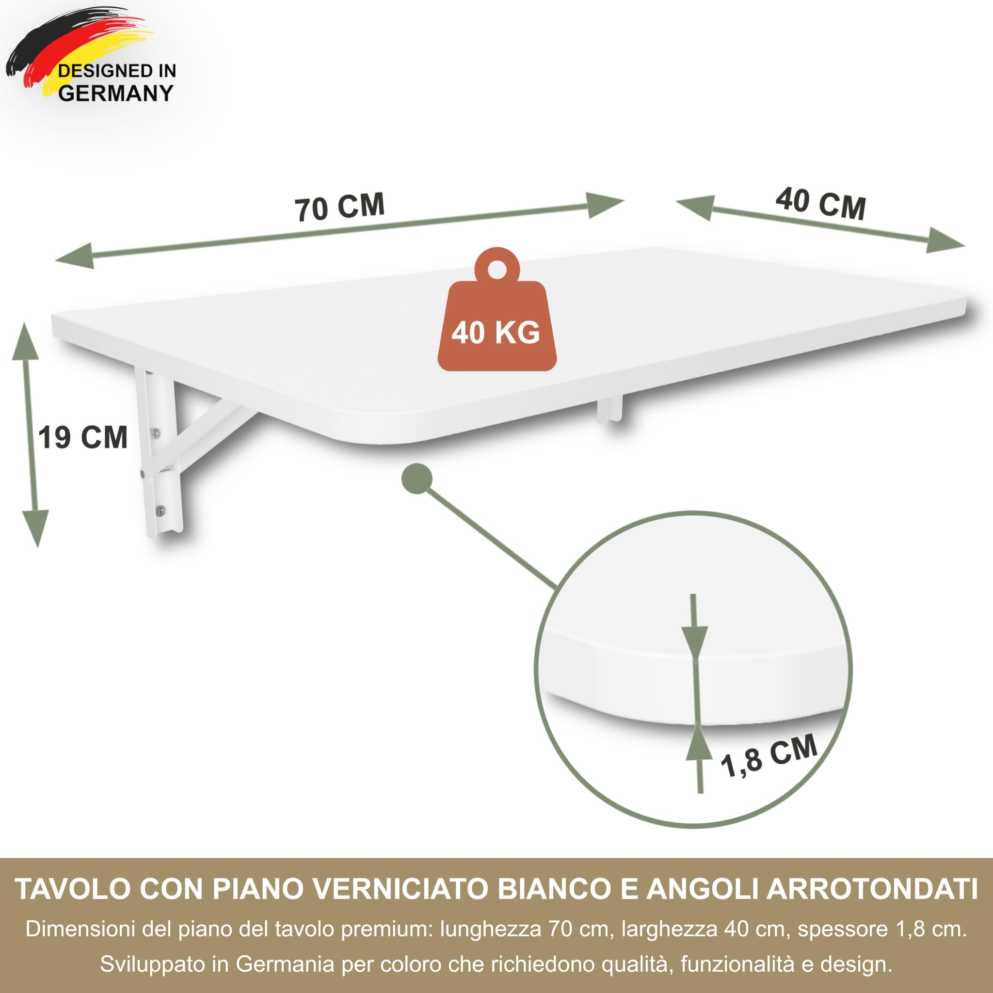 KDR Tavolo pieghevole da parete 70 x 40 cm – tavolo salvaspazio pieghevole per montaggio a parete, tavolo da muro come scrivania, tavolo da pranzo o tavolo da cucina (Bianco, 70x40 cm)