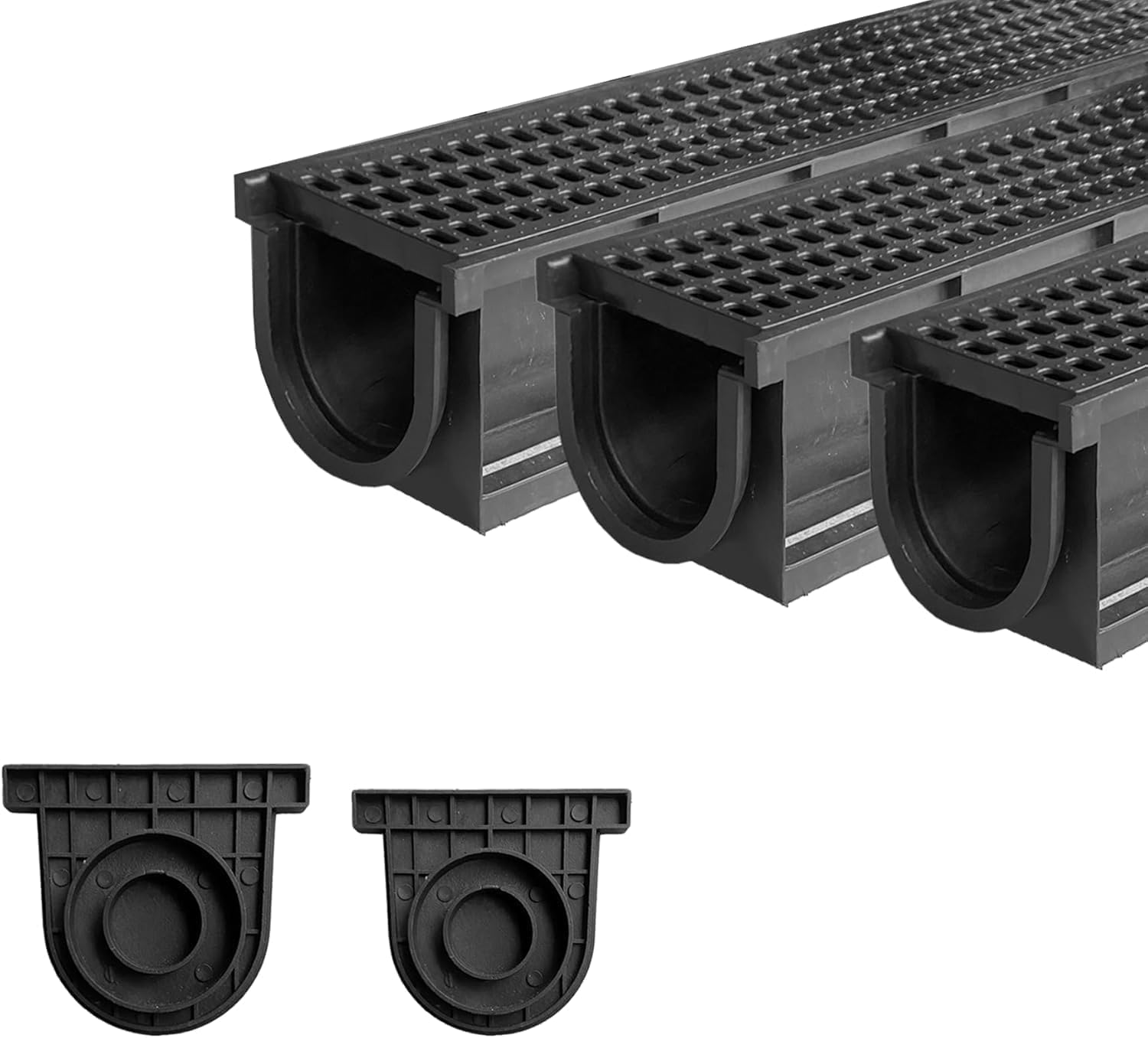 Zestaw 3: 100x100x1000 mm Zewnętrzna rynna drenażowa z kratką HDPE, A15 rynna z HDPE czarna, do podjazdu, ogrodu, tarasu, garażu
