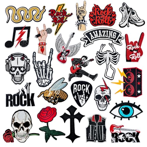 25Pcs Rock Band Iron on Patches for Jackets Metal Band Embroidered Patches Cool Punk Skull Patches for Clothes Vests Backpacks Hats