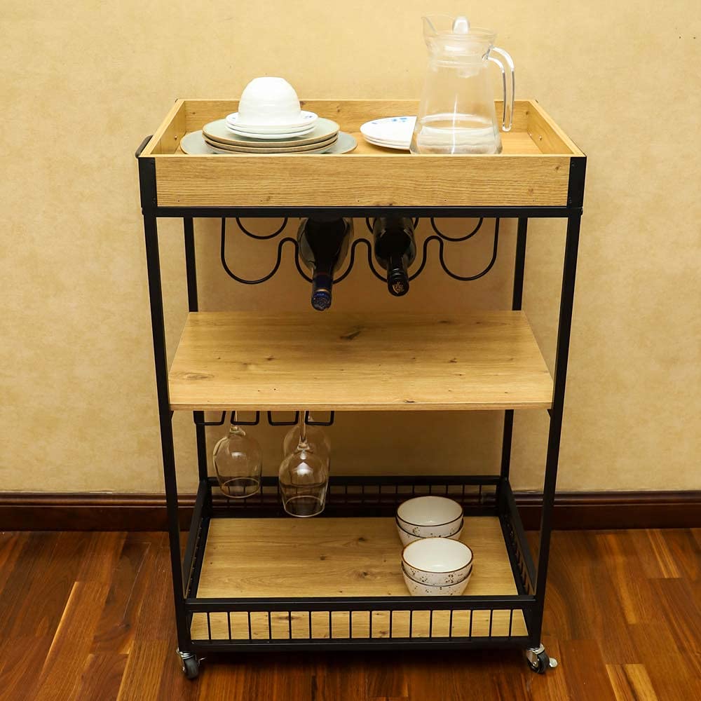Buy YATAI 3 Tier Wooden Kitchen Serving Carts Rolling Bar Cart With Storage Shelves Kitchen Cart