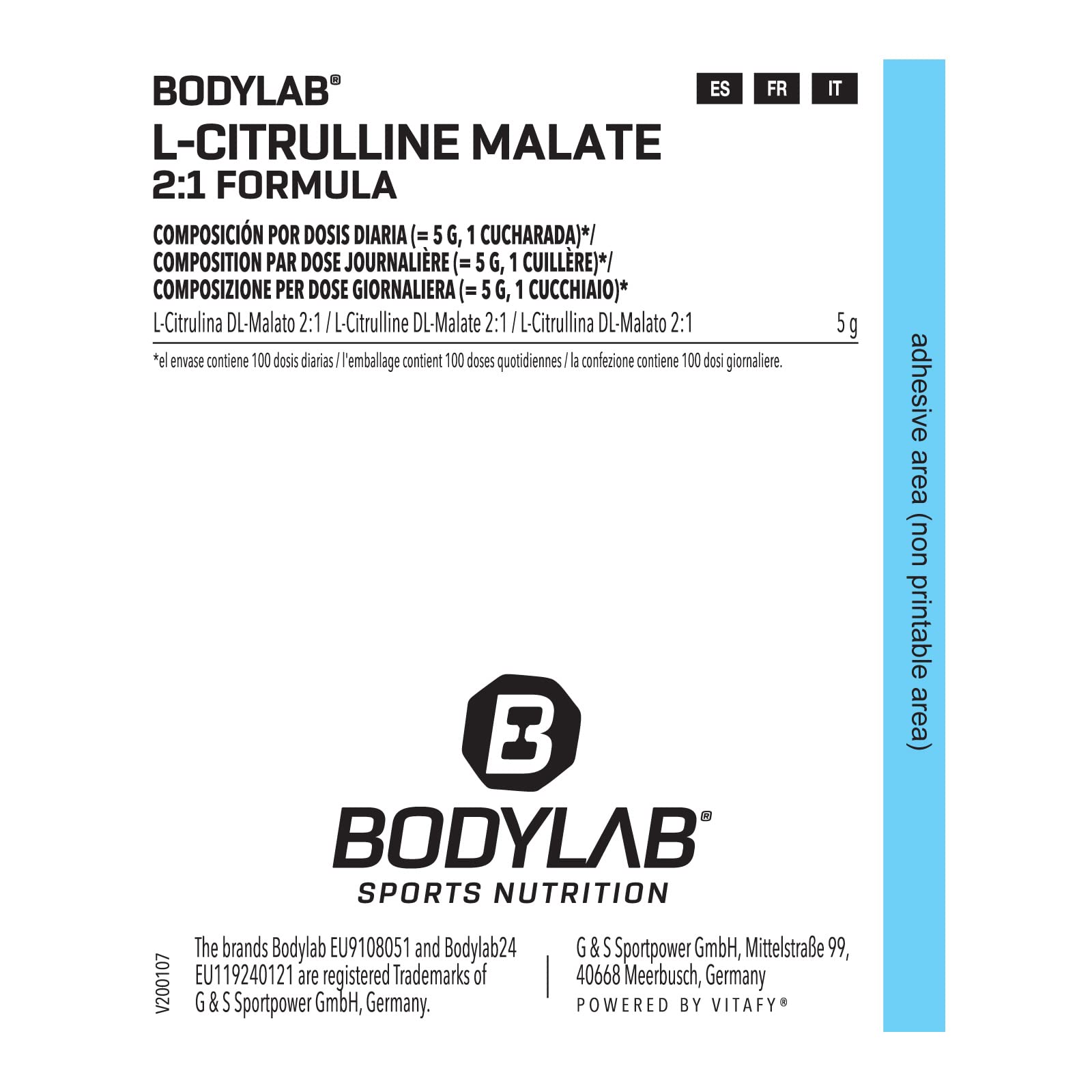 Bodylab24 L-Citrulline Malate 500g, 5g de L-Citrulline Malate par dose, dans un rapport 2:1, parfait pour les entraînements de haute intensité, poudre au goût neutre