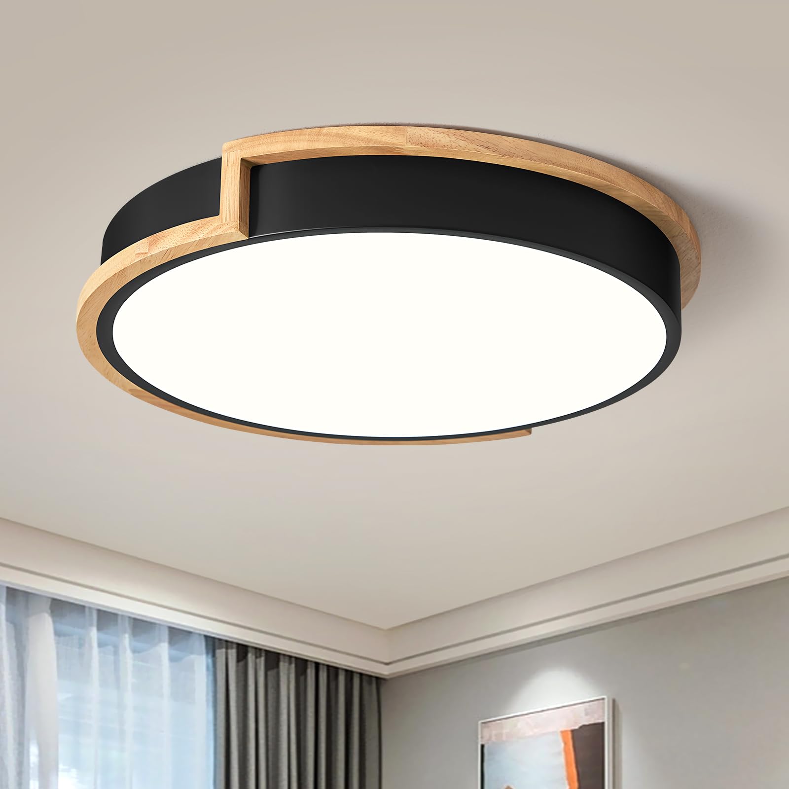 Dimmable Wood LED Flush Mount Ceiling Lights, 5CCT 2700K-6000K Black Hallway Lighting Fixtures, 15.8in Minimalist Circular Ceiling Lamp for Bedroom Kitchen Living Room