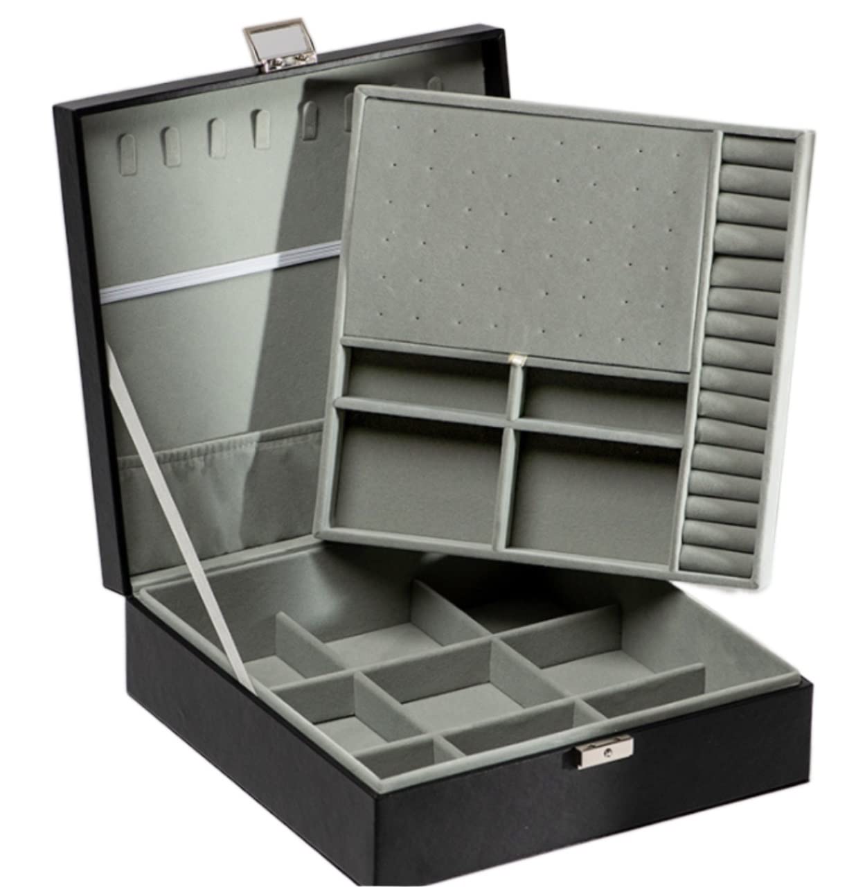 Caja De Joyería Joyero de Viaje de Cuero PU de Lujo, Organizador de Doble Capa, Vitrina para niñas y Mujeres, Almacenamiento de Anillos de Regalo Organizador De Joyas(Black)