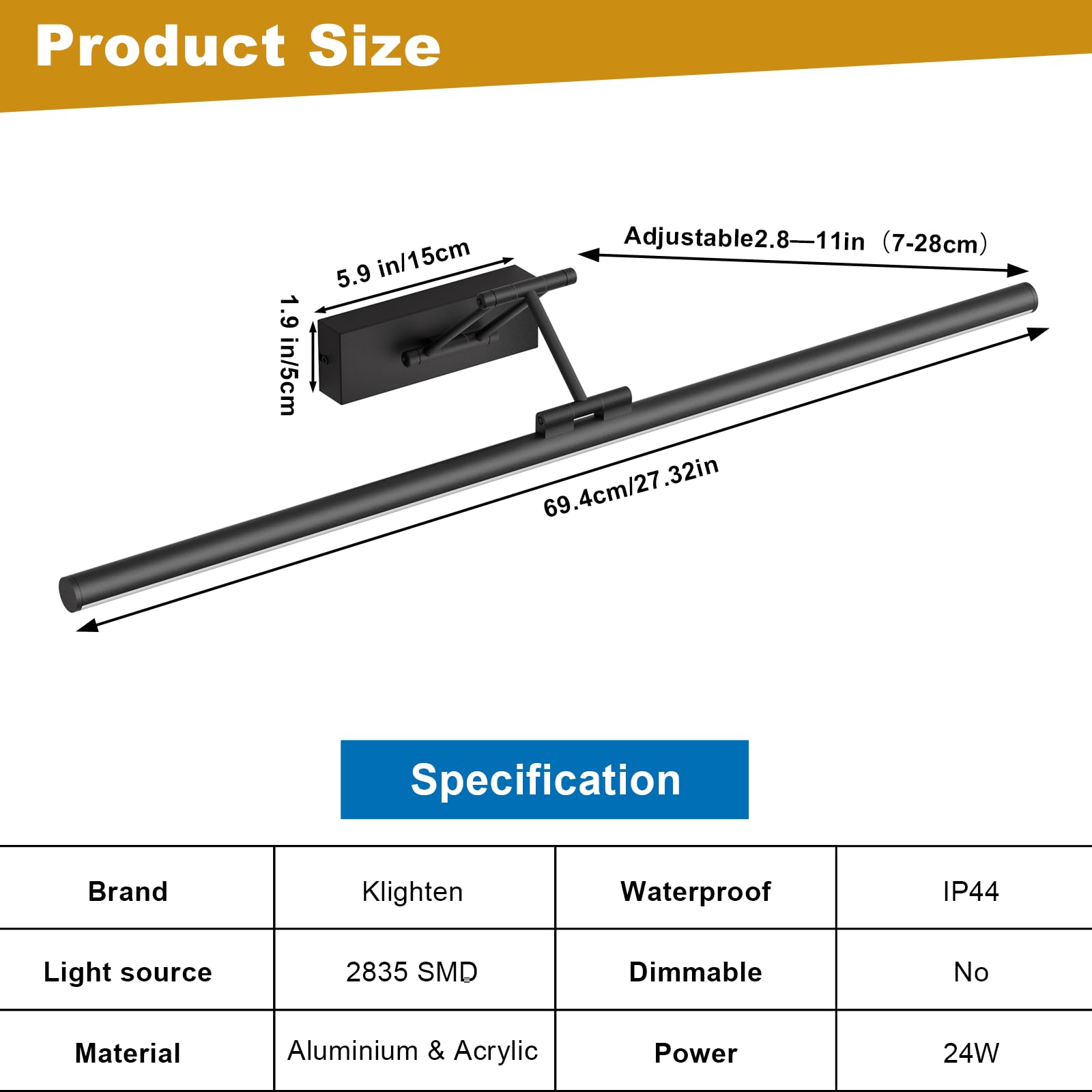 Klighten LED Lámpara de Espejo LED 70cm, Lámpara de Espejo 24W 1650 LM,Lamparas Espejo Giratorias para Baño IP44,Aplique de Espejo de Baño,Blanco neutro 4000K, Negro