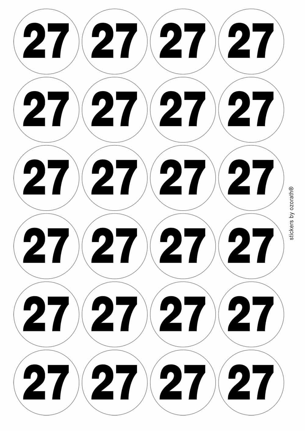 Plain Number 27 Twenty Seven Circular Matt Paper Stickers A4 Sheet of 24 (Each Sticker is 45mm Diameter)