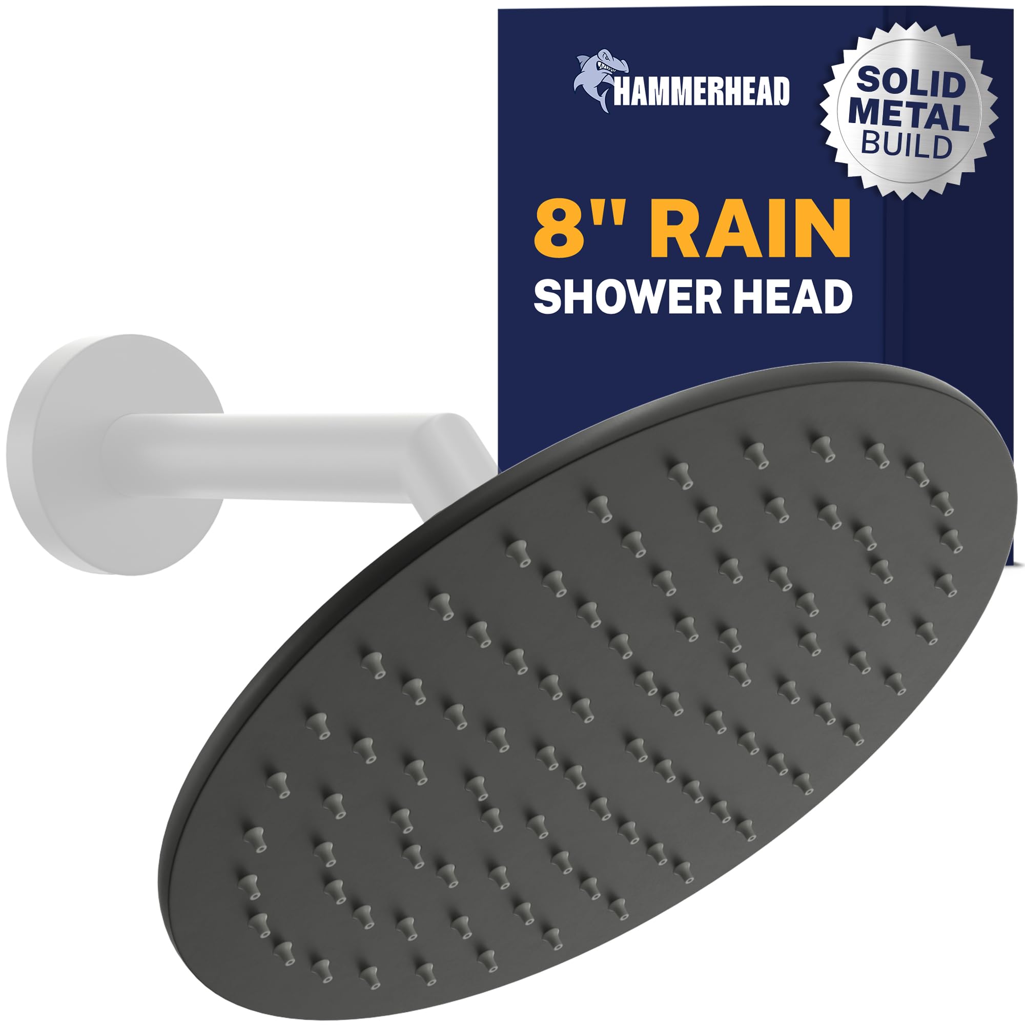 HammerHead Showers® Solid Metal 8 Inch Rainfall Shower Head – MATTE BLACK - Shower Head Rainfall - 2.5 GPM High Flow Shower Head Optimized for Pressure – Large Round Rain Shower Heads