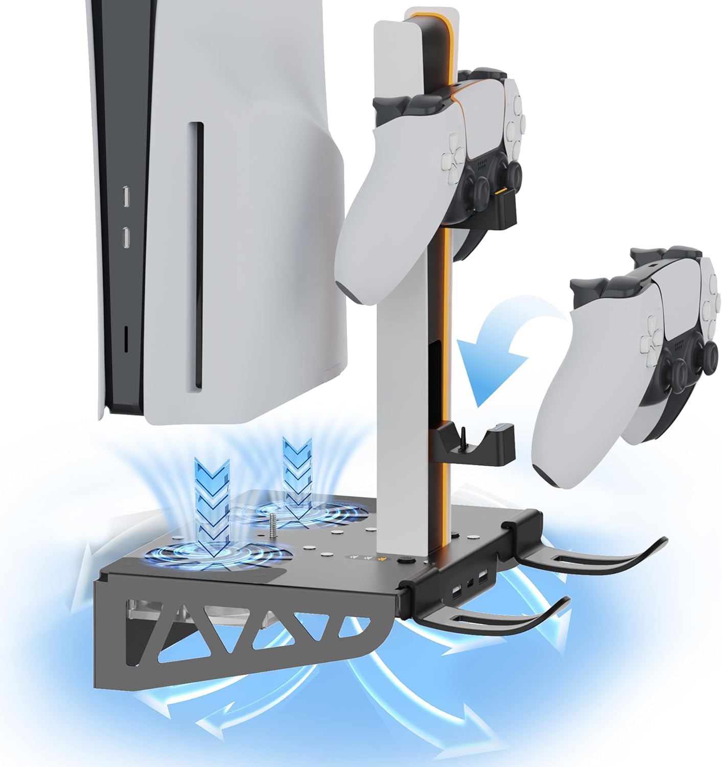 Soporte de pared para PS5 Pro/Slim con estación de carga, soporte con cargador de controlador dual y colgador de auriculares y accesorios de ventilador silencioso de 3 niveles