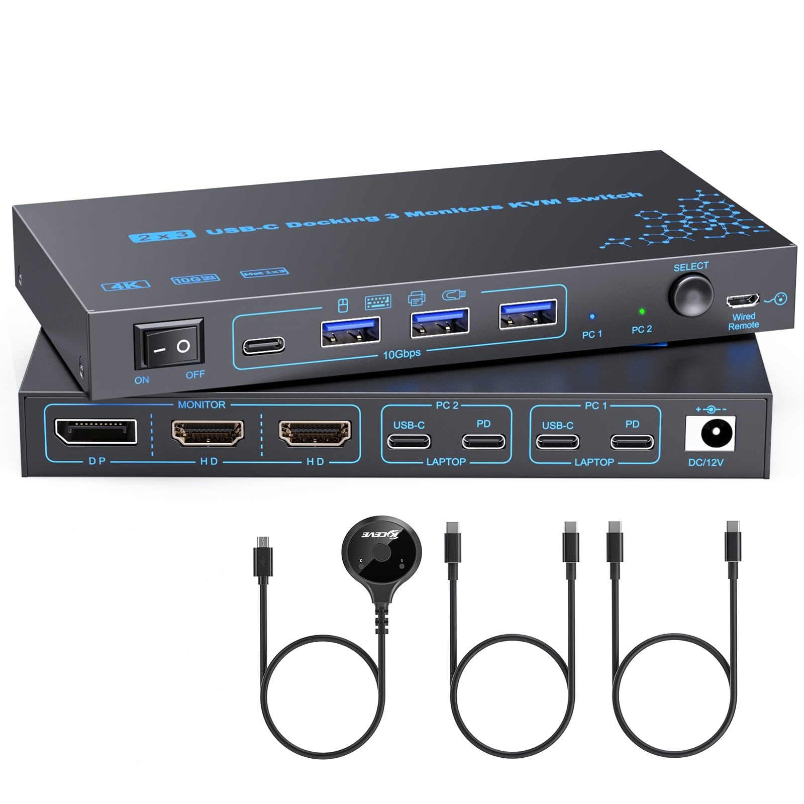 USB C KVM Switch 3 Monitors 2 Laptops 4K@60Hz, Laptop KVM Switcher with PD Charging Function for 2 Computer Share 3 Display-2 HDMI + 1 DP, No Driver Required-image-5
