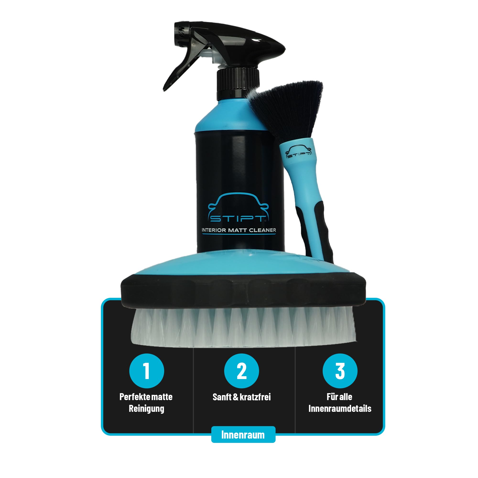 Matt Combi - Set mit Interior Matt Cleaner, Cleaning Brush und Interior Detail Brush - Für Leder, Stoff, Skai und Alcantara - Reinigt und mattiert Oberflächen