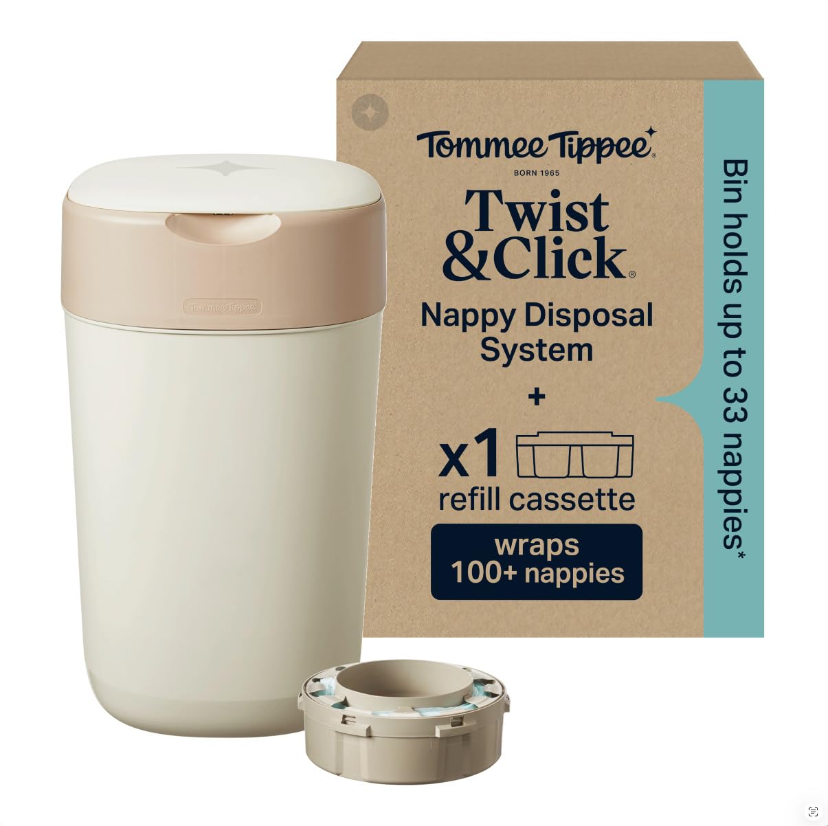 Tommee Tippee Twist & Click Nappy Bin, with 1x 10.5m Refill Cassette, Cream