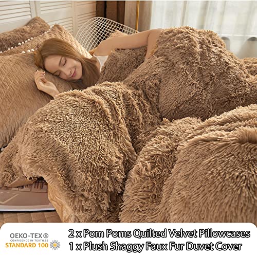 Image of LIFEREVO Luxury Plush Shaggy Duvet Cover Set, Ultra Soft Fluffy Furry Duvet Cover Set(1 Faux Fur Fuzzy Comforter Cover + 2 Quilted Velvet Pom Poms Pillowcases)Bedding Set, Zipper Closure(King, Camel)