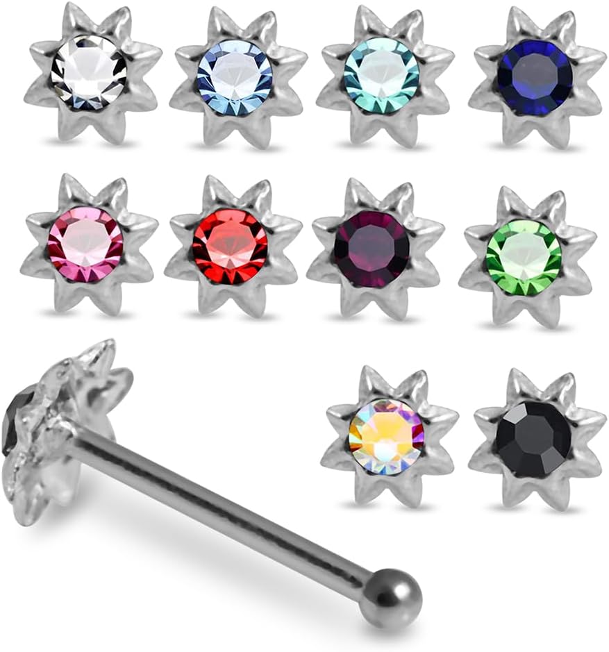 20 Pieces Box Set Mini Sun with Crystal Stone Design 22 Gauge 925 Sterling Silver Nose Pin - Nose Stud - Tiny Nose Ring - Nose Piercing Body Jewelry