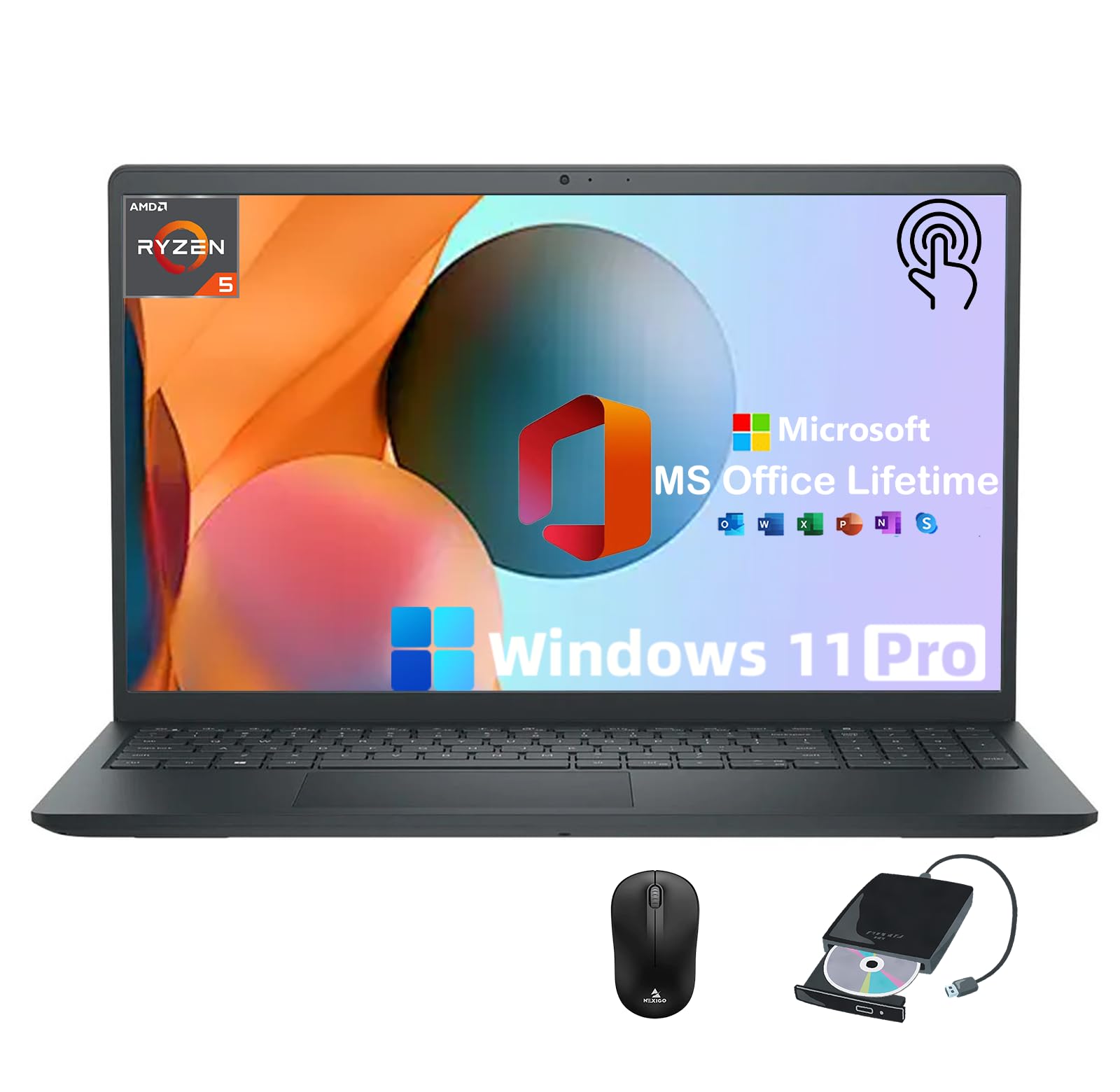 Dell 2025 15.6 inch Business Touchscreen Laptop • with 2024 Office Lifetime & External DVD Drive • 15.6" FHD • AMD Ryzen 7 7730U CPU • HD Webcam •