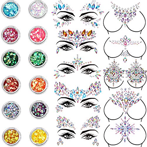10 Sets Face Gems Glitter Face Rhinestone Stickers Face Crystal Tattoo Set Forehead Decorations with 12 Boxes Body Chunky Face Glitter for Women Mermaid Theme Party Supplies (Classic Style)