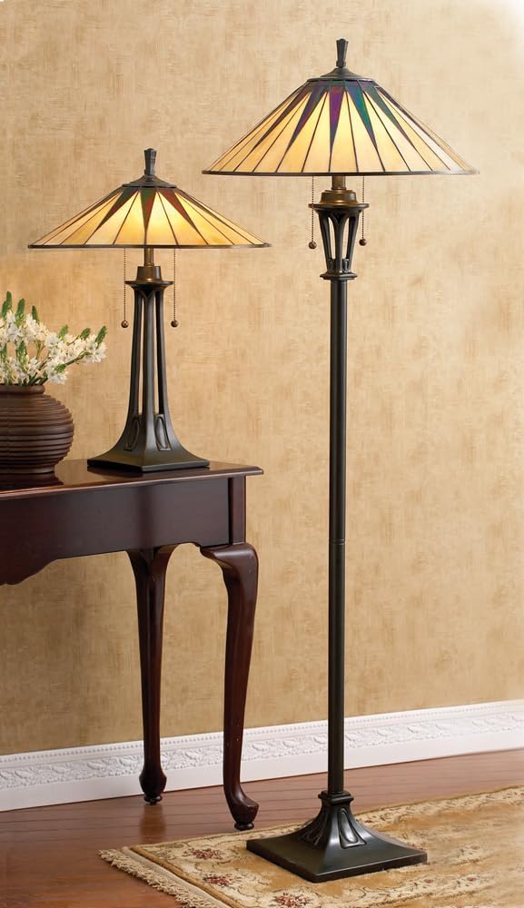Vintage Bronze Tiffany Glass Floor Lamp with Triangle Pattern Shade