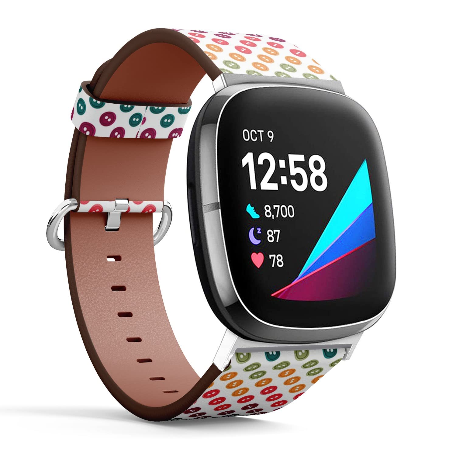 CJBROES Replacement Leather Watch Band, Compatible with Fitbit Versa 3 and Fitbit Sense of Wristband Bracelet Accessory - Colorful Button Polka dot