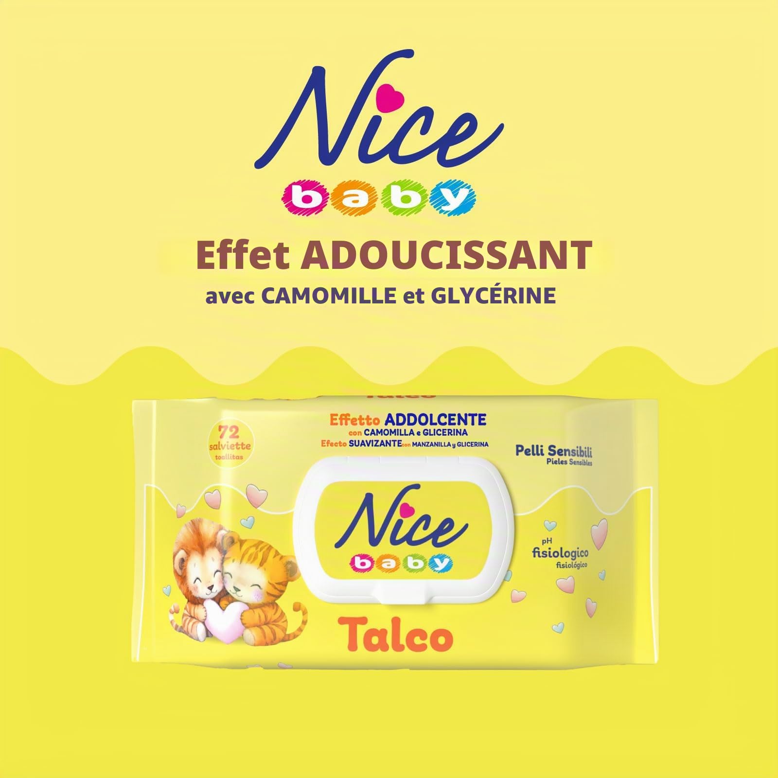 Nice - Lingettes nettoyantes pour enfants et nourrissons - Avec camomille et glycérine - Parfum doux au talc - Testé dermatologiquement - Format : 72 Lingettes -