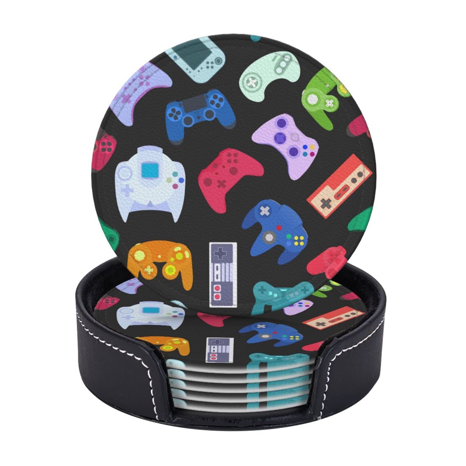 SEPTYK Video Game Weapon Controller Pattern Coasters for Drinks with Holder Set of 6 Leather Round 4" for Home Kitchen Decor Coffee Cup Housewarming