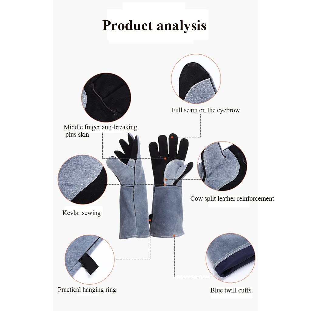 Schweißerhandschuh aus Rindsleder Hitzebeständig Dauerhaft Widerstandsfähiges Leder Handschuhe Schmieden Langarm für BBQ-Küchenofen,Camping, Grillofen Kochen (Color : Black)