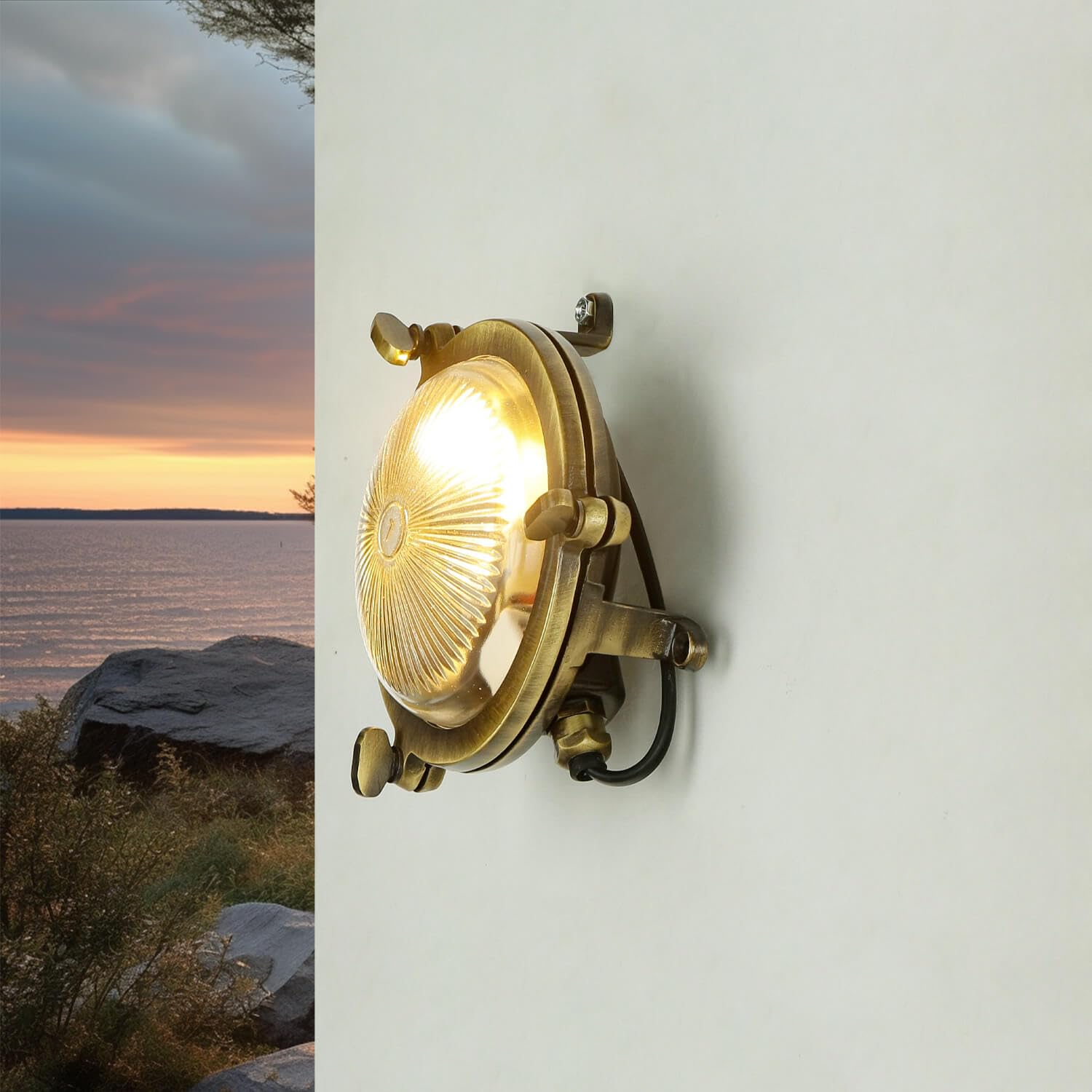 Applique murale pour l'extérieur ronde en laiton antique hublot maritime IP44 premium D : 14 cm lampe de bateau lampe de bateau applique murale cour jardin éclairage extérieur