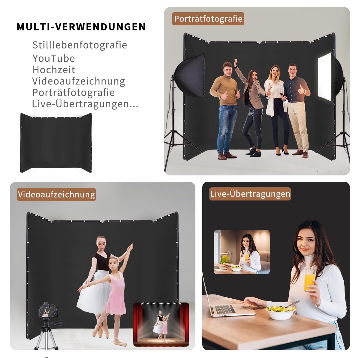 4m x 2,4m Großer Schwarzer Polyester Foto Hintergrund Ständer | Tragbar und Faltbar Backdrop für Live-Übertragungen, Charakterfotografie, Hochzeitsbühnen, Fotostudios, Online-Konferenzen