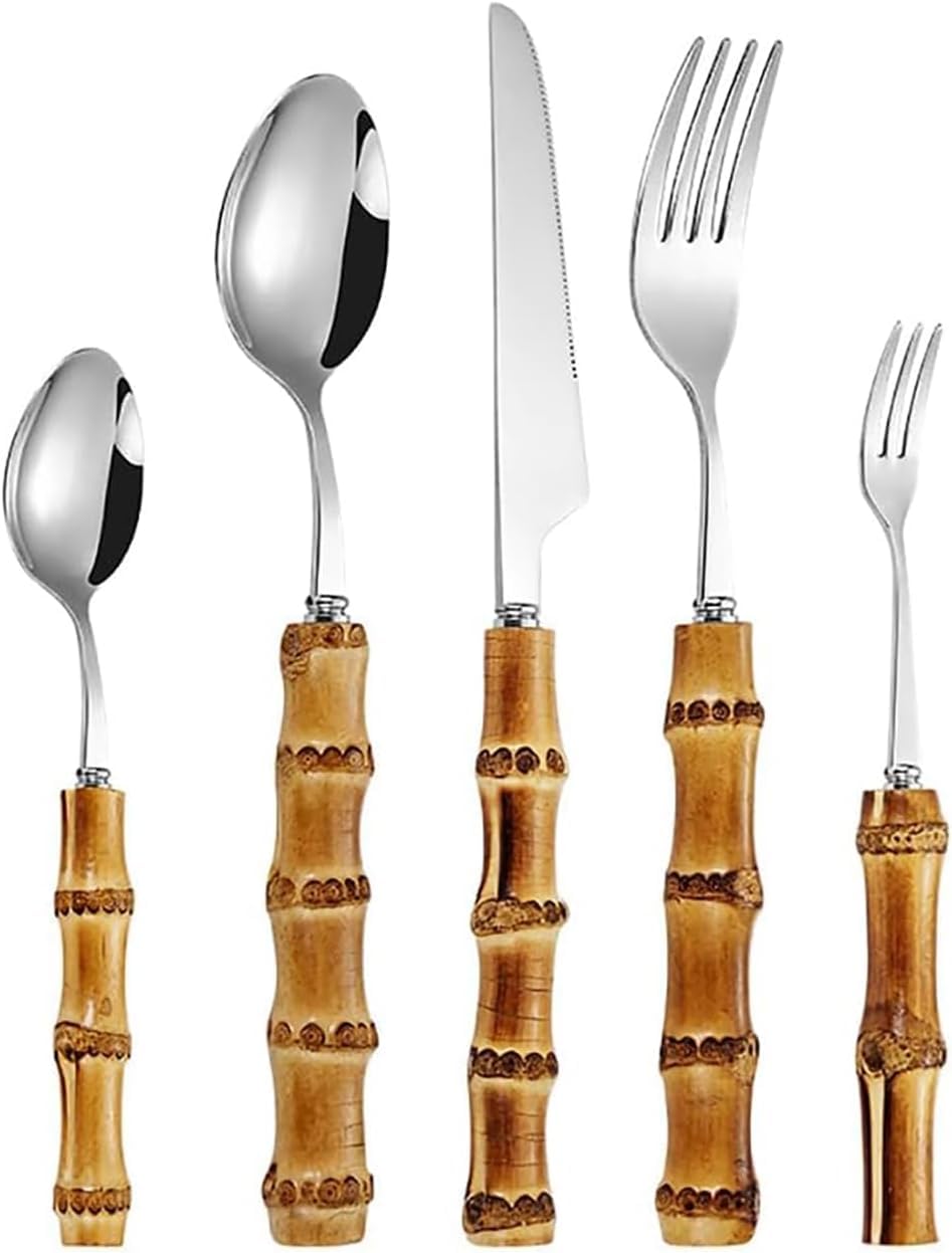 Set di Posate in bambù da 30 Pezzi per 6 Persone, riutilizzabili, in Acciaio Inossidabile, con forchette, cucchiai e coltelli. (60pcs)