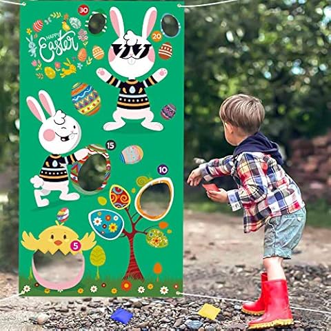 LOPOTIN Easter Toss Game with 3 Bean Bags Easter Throwing Banner Bunny Indoor Outdoor Party Games Large Rabbit Toss Game Birthday Party Supplies for Kids Party Decoration (Easter Toss Game(5 holes)) Cover