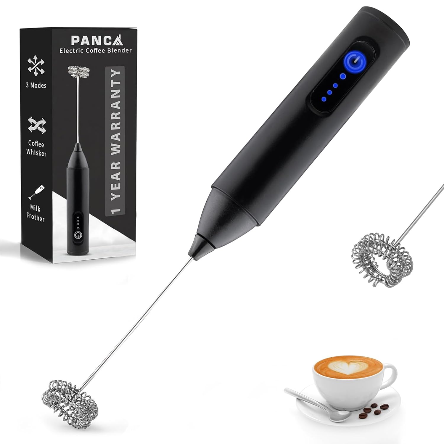 PANCA Rechargeable Electric Milk Frother – 3 Modes, Black