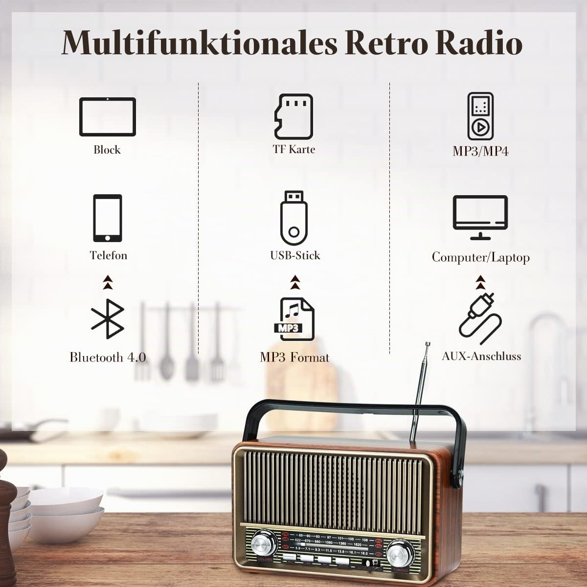 Bluetooth FM AM SW Stereo Radio, Unterstützung USB-Festplatte, USB/TF-Karte, AUX-Steckdose - Musik mit wiederaufladbarem Akku, eingebauter Lautsprecher