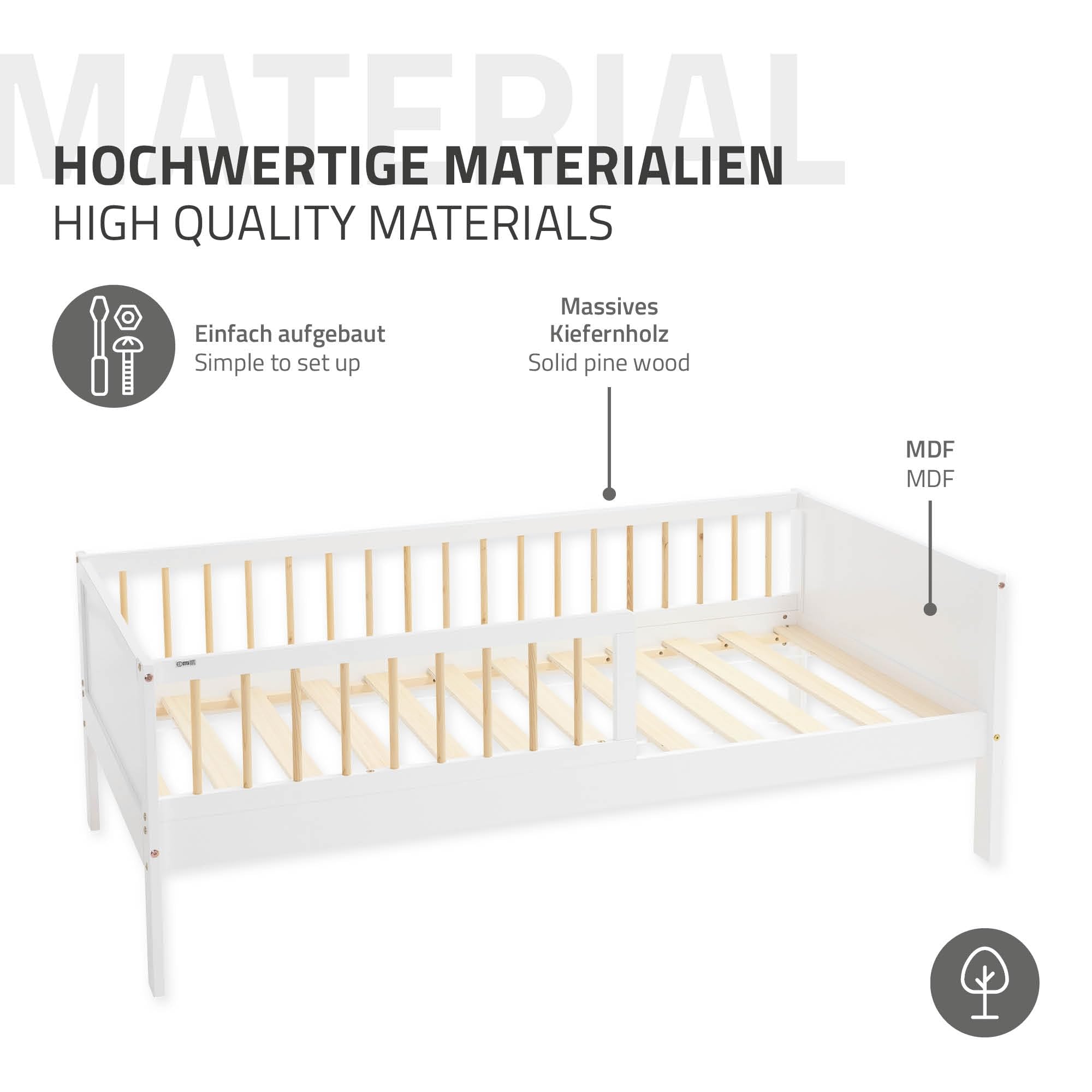 ML-Design Letto per Bambini e Bambine 80x160 cm Bianco-Naturale con Materasso Lettino Singolo in Legno Massiccio con Rete a Doghe e Protezione Anticaduta Letto per Giovani in Legno di Pino