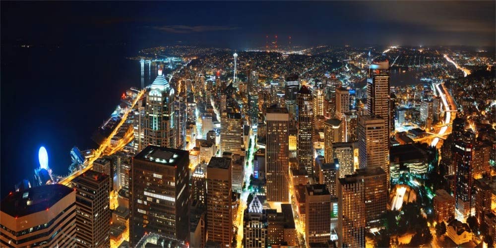 Yeele 20x10ft Seattle Night Backdrop for Photography Washington Skysc City Landscape Downtown Modern Urban Background Adult Kids Travel Photo Booth Shoot Vinyl Studio Props