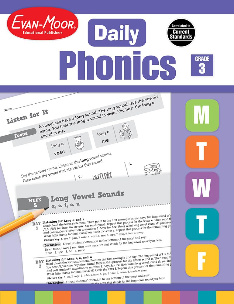 Evan-Moor Daily Phonics, Grade 3, Homeschooling & Classroom Resource Workbook. Phonemic Awareness, Decoding, Word-Study, Teaching Editions, Reproducible Worksheets