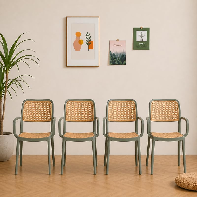 cellbell weavex plastic arm chair for cafeteria, dining & living room set of 4 | modern accent chair with ergonomic backrest for home, cafe, restaurant & hotel | durable pp construction (grey)