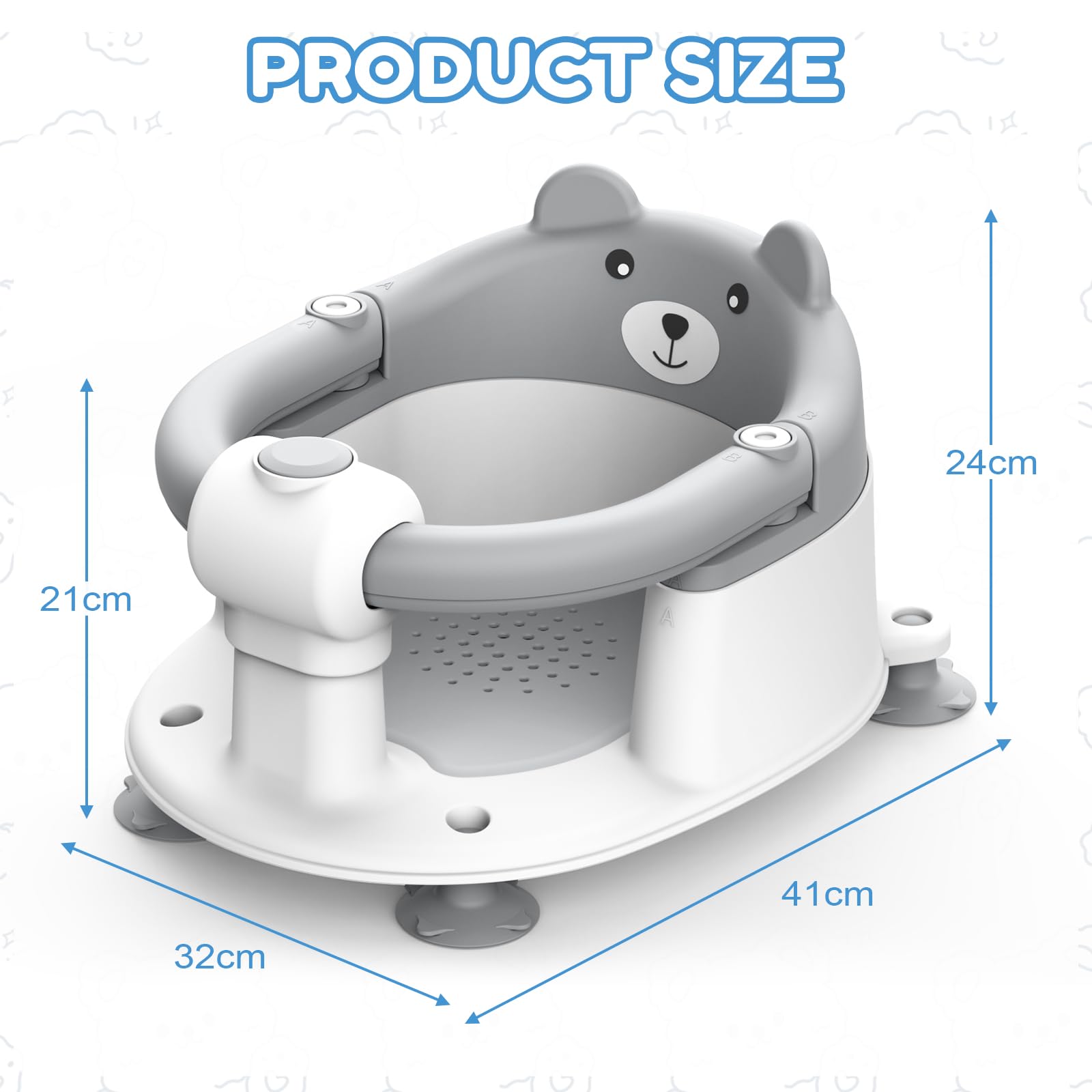 Baby SièGe Bain Ergonomique, SièGe de Bain Pour BéBé à Partir de 6 Mois, Baignoires Portables Avec 4 Ventouses Les Tout-Petits et Les Nouveau-NéS, Ours - Design (Gris)